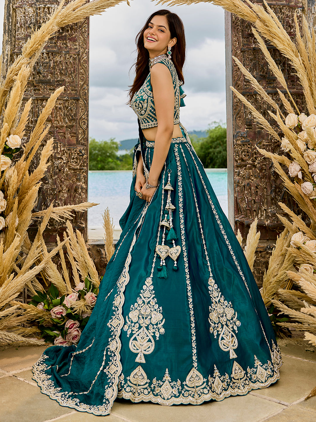 Rama green- Silk Fabric Beads & Sequined Embroidery Semi-Sttiched Lehenga Choli   6215