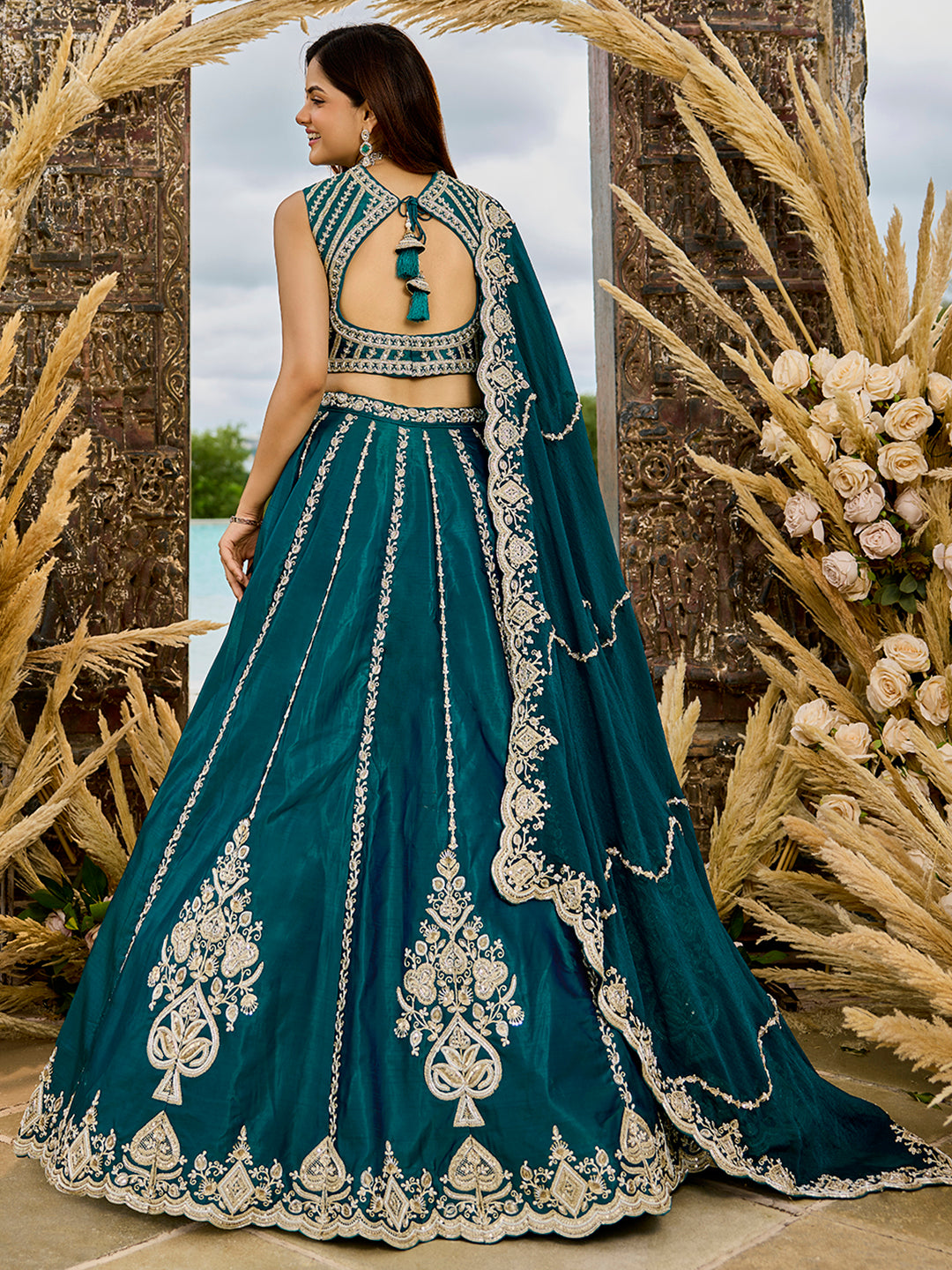 Rama green- Silk Fabric Beads & Sequined Embroidery Semi-Sttiched Lehenga Choli   6215