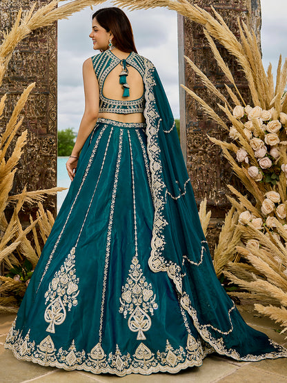 Rama green- Silk Fabric Beads & Sequined Embroidery Semi-Sttiched Lehenga Choli   6215