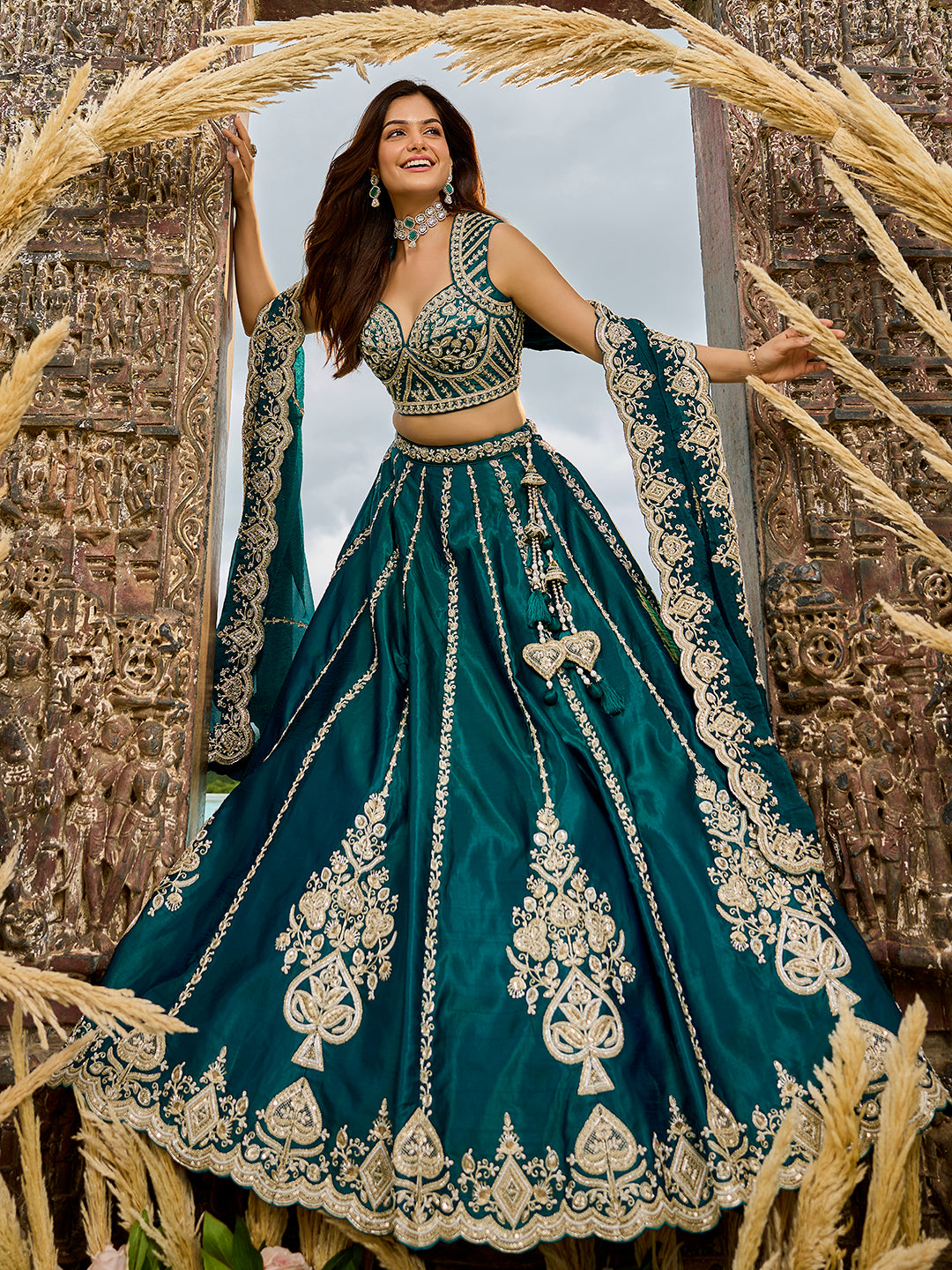 Rama green- Silk Fabric Beads & Sequined Embroidery Semi-Sttiched Lehenga Choli   6215