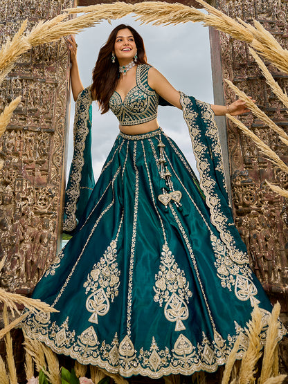 Rama green- Silk Fabric Beads & Sequined Embroidery Semi-Sttiched Lehenga Choli   6215