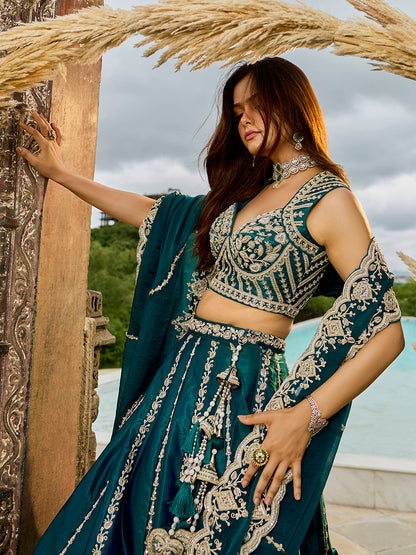 Rama green- Silk Fabric Beads & Sequined Embroidery Semi-Sttiched Lehenga Choli   6215