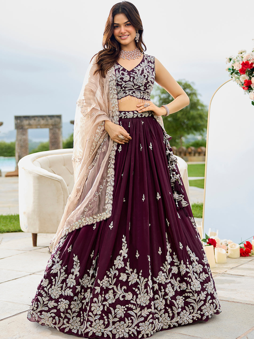 Black- Satin Silk Fabric Beads & Sequence Embroidered Ready to Wear crop top lehenga Choli & Dupatta