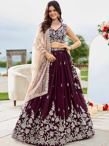 Black- Satin Silk Fabric Beads & Sequence Embroidered Ready to Wear crop top lehenga Choli & Dupatta
