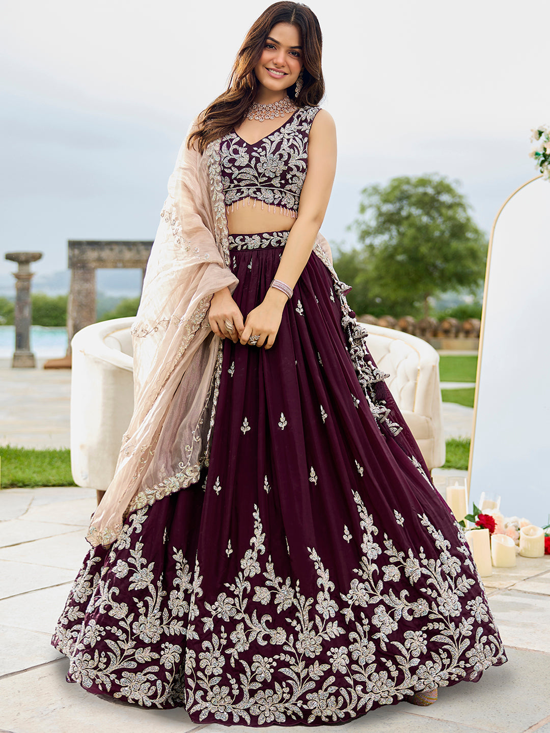 Black- Satin Silk Fabric Beads & Sequence Embroidered Ready to Wear crop top lehenga Choli & Dupatta