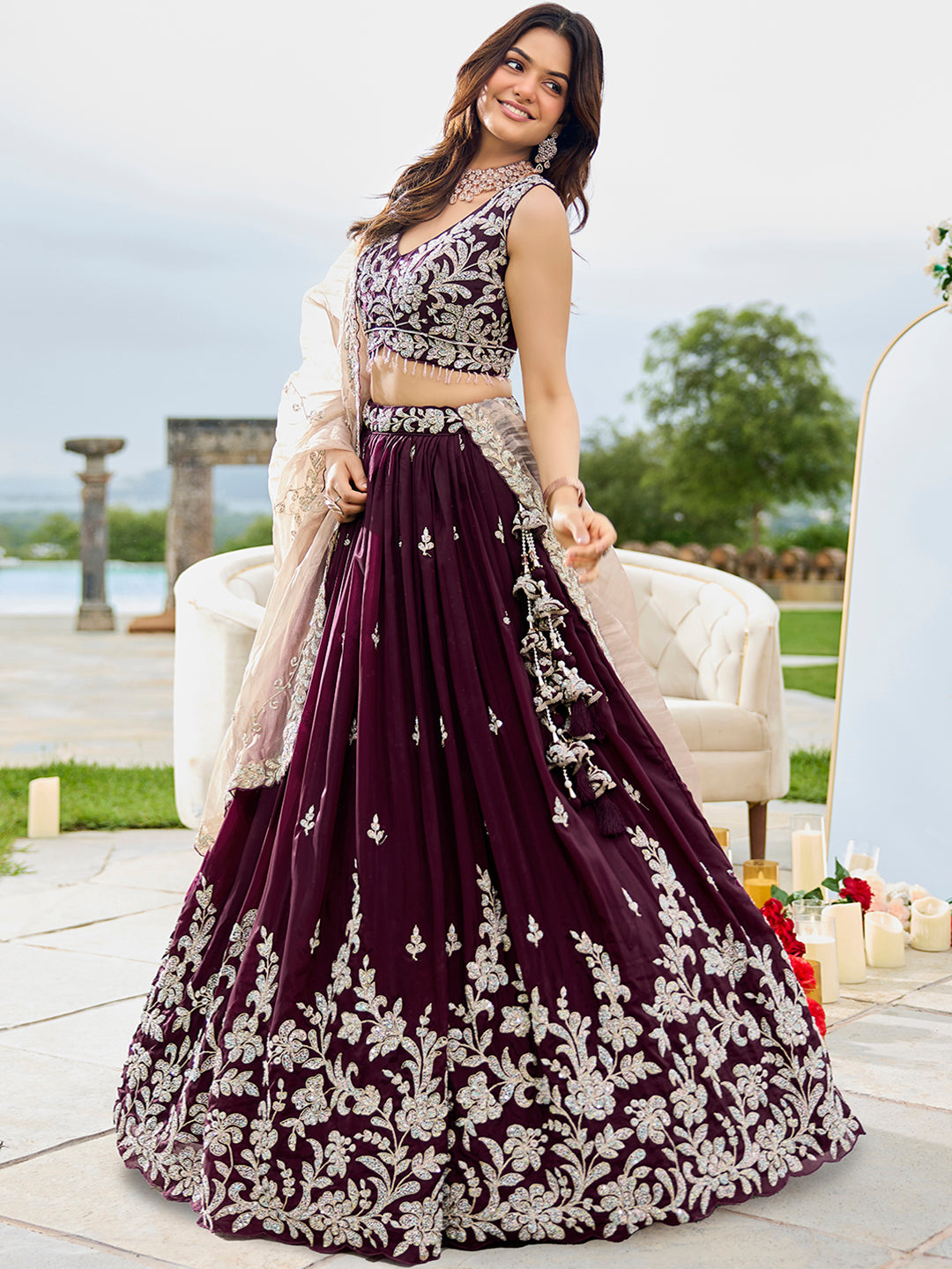 Black- Satin Silk Fabric Beads & Sequence Embroidered Ready to Wear crop top lehenga Choli & Dupatta