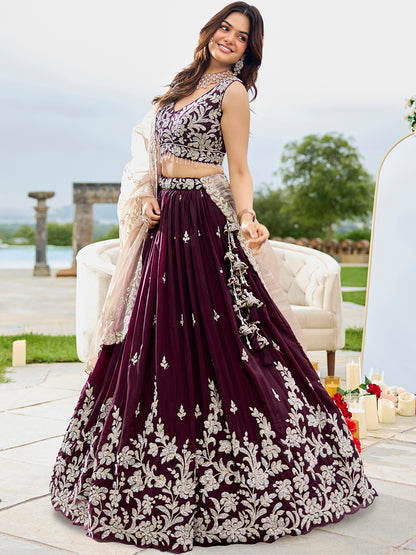 Black- Satin Silk Fabric Beads & Sequence Embroidered Ready to Wear crop top lehenga Choli & Dupatta