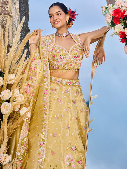 Yellow- Organza Fabric Beads & Sequence Embroidered Ready to Wear Crop top Lehenga Choli & Dupatta