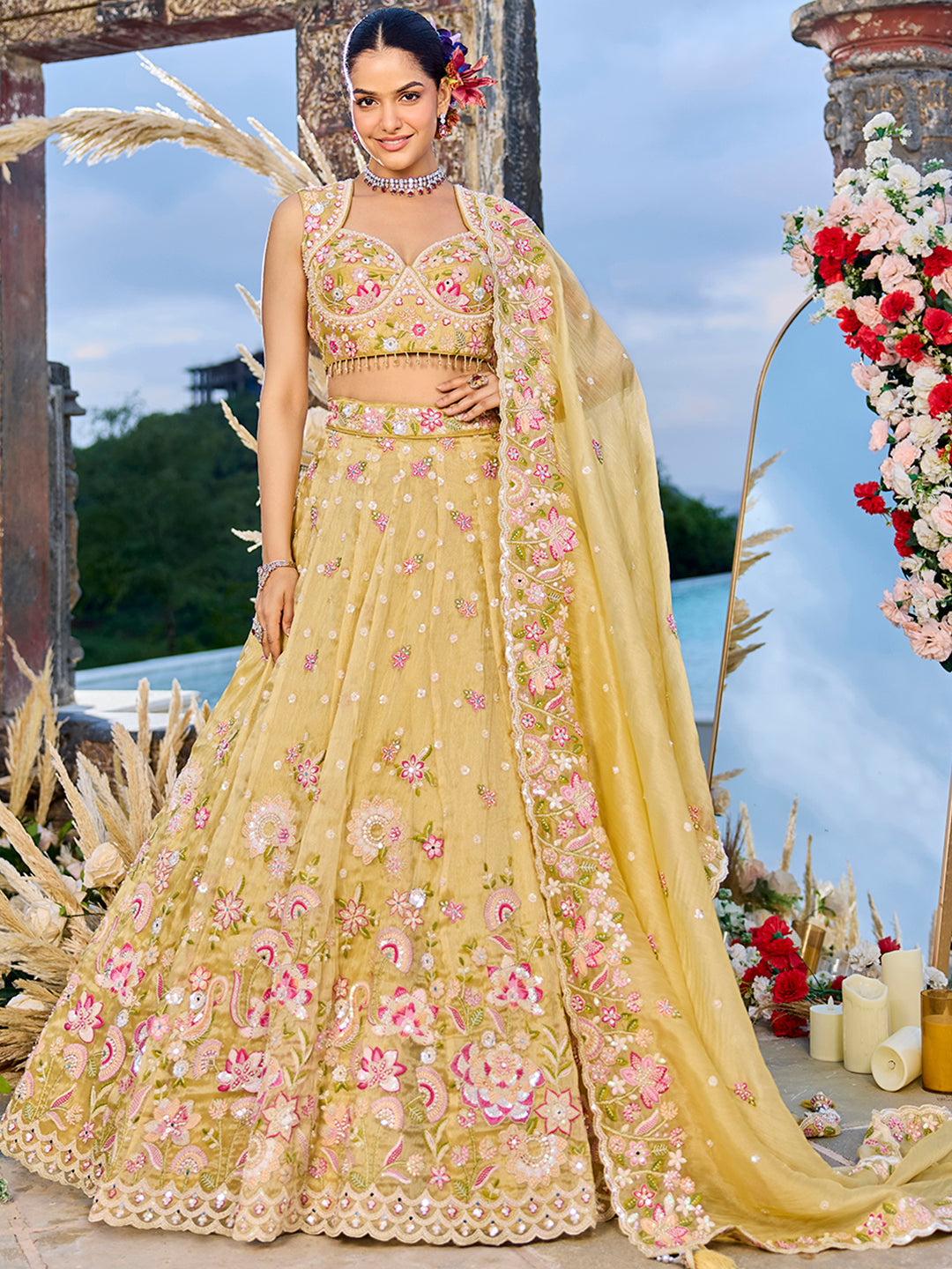 Yellow- Organza Fabric Beads & Sequence Embroidered Ready to Wear Crop top Lehenga Choli & Dupatta