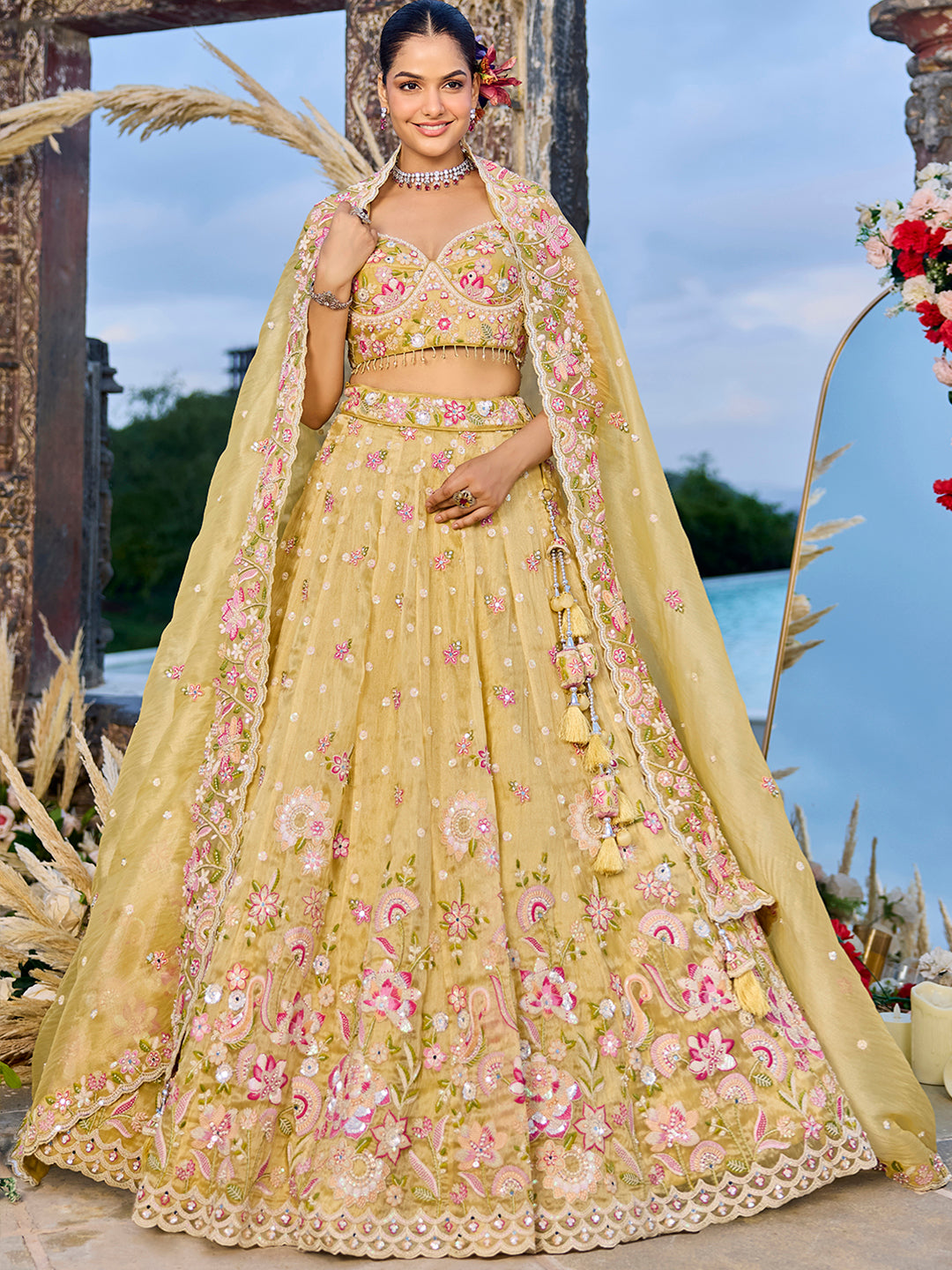 Yellow- Organza Fabric Beads & Sequence Embroidered Ready to Wear Crop top Lehenga Choli & Dupatta