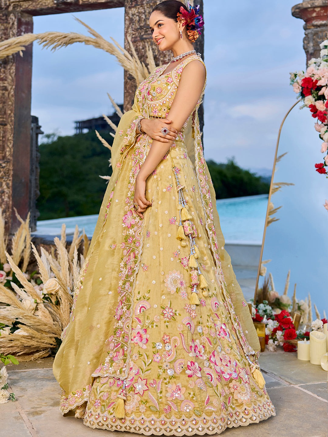 Yellow- Organza Fabric Beads & Sequence Embroidered Ready to Wear Crop top Lehenga Choli & Dupatta