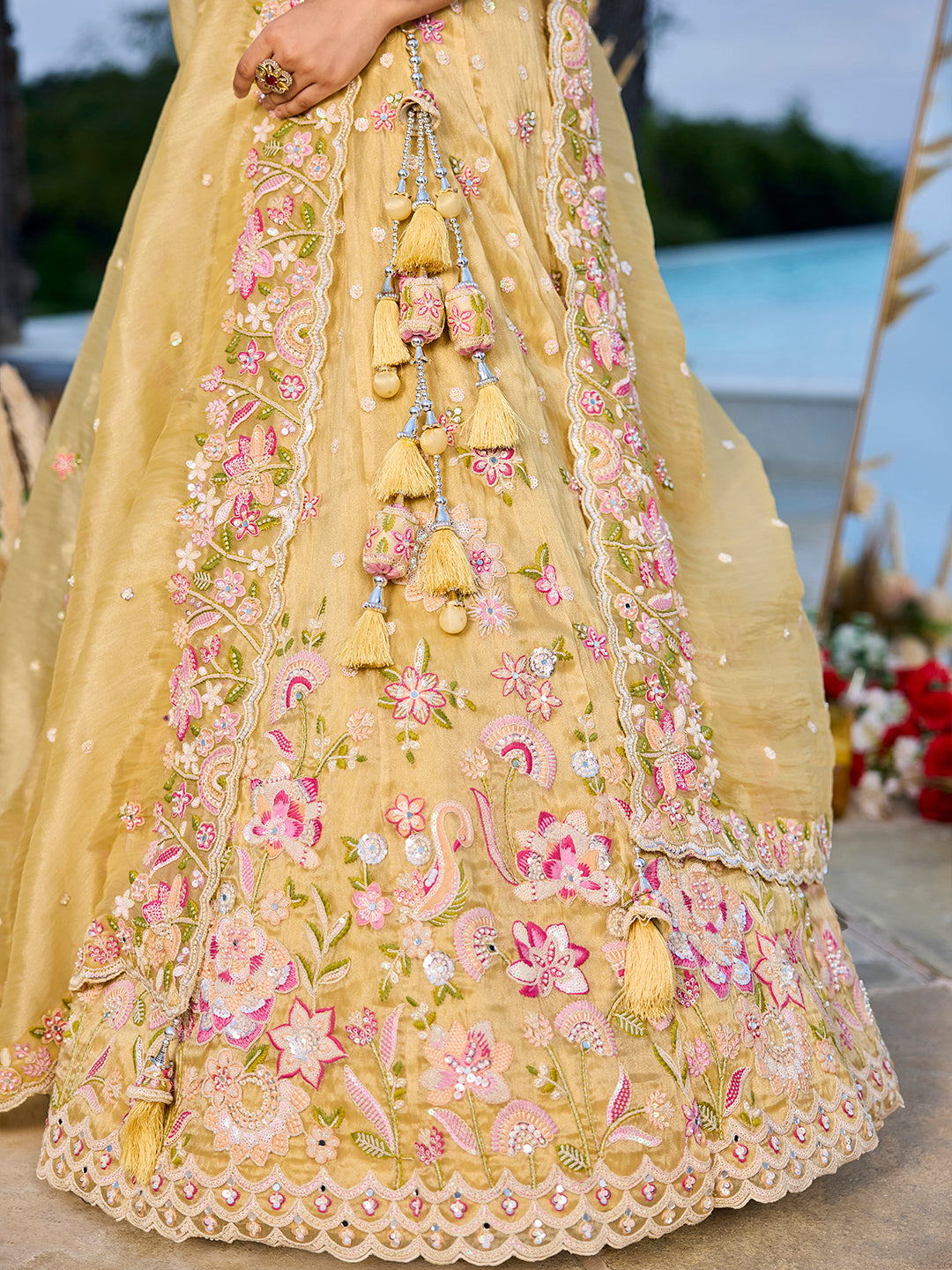 Yellow- Organza Fabric Beads & Sequence Embroidered Ready to Wear Crop top Lehenga Choli & Dupatta