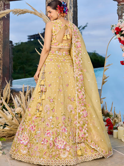 Yellow- Organza Fabric Beads & Sequence Embroidered Ready to Wear Crop top Lehenga Choli & Dupatta