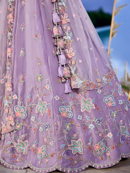 Sky blue - Satin Silk Fabric Sequins Embroidered Ready to Wear Crop top lehenga Choli & Dupatta