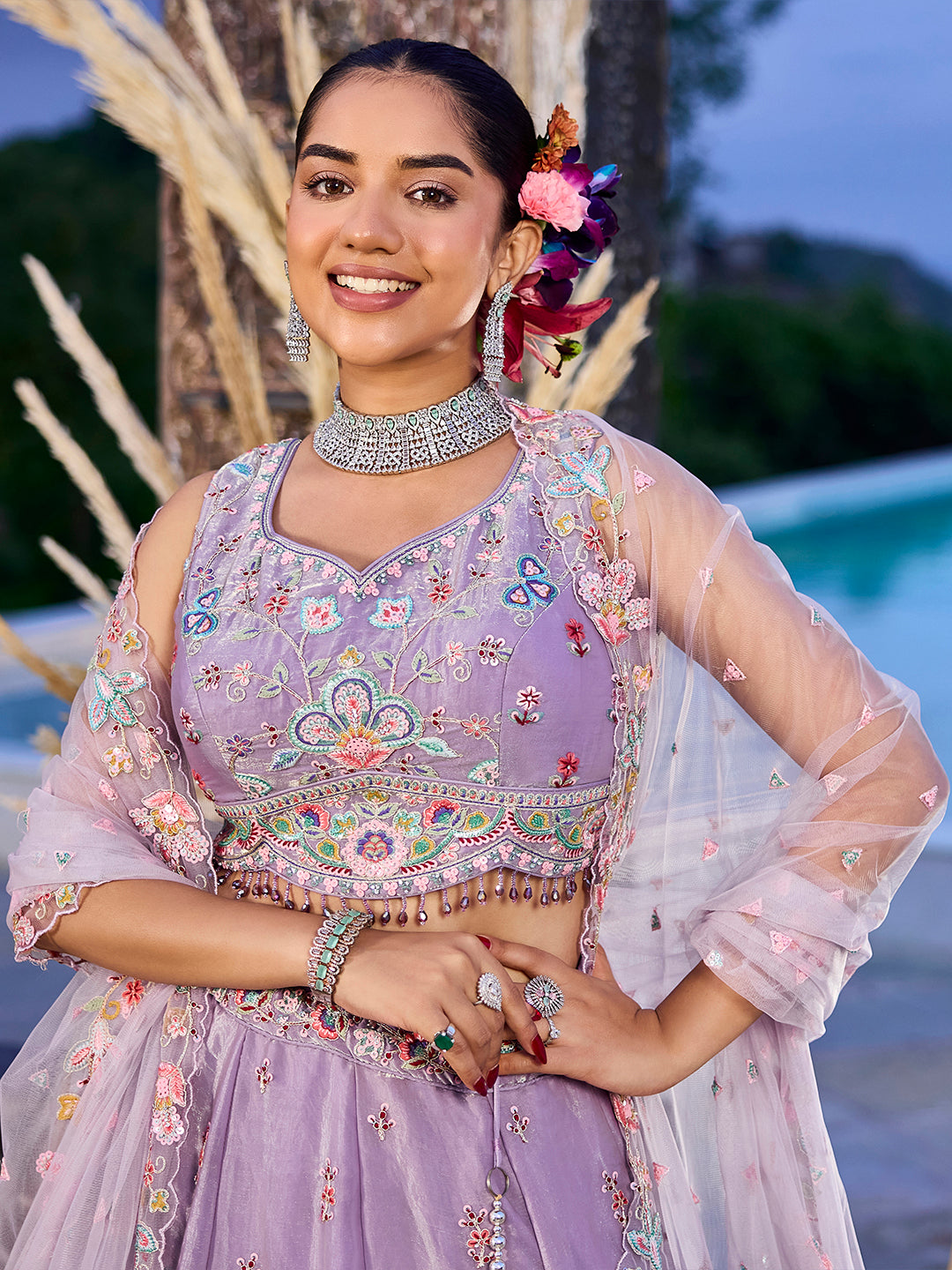 Sky blue - Satin Silk Fabric Sequins Embroidered Ready to Wear Crop top lehenga Choli & Dupatta