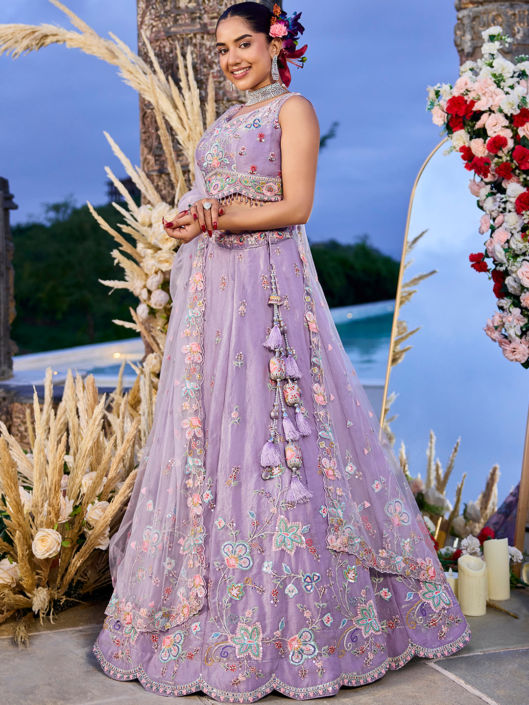 Sky blue - Satin Silk Fabric Sequins Embroidered Ready to Wear Crop top lehenga Choli & Dupatta