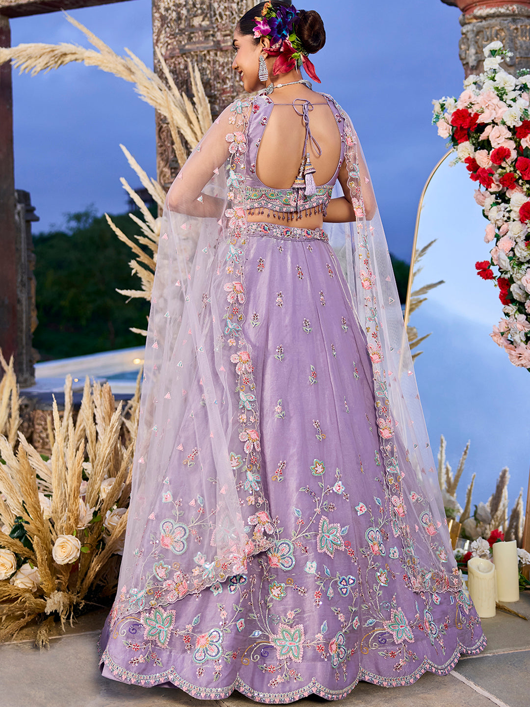 Sky blue - Satin Silk Fabric Sequins Embroidered Ready to Wear Crop top lehenga Choli & Dupatta