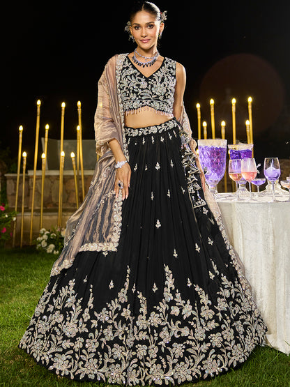 Black- Satin Silk Fabric Beads & Sequence Embroidered Ready to Wear crop top lehenga Choli & Dupatta