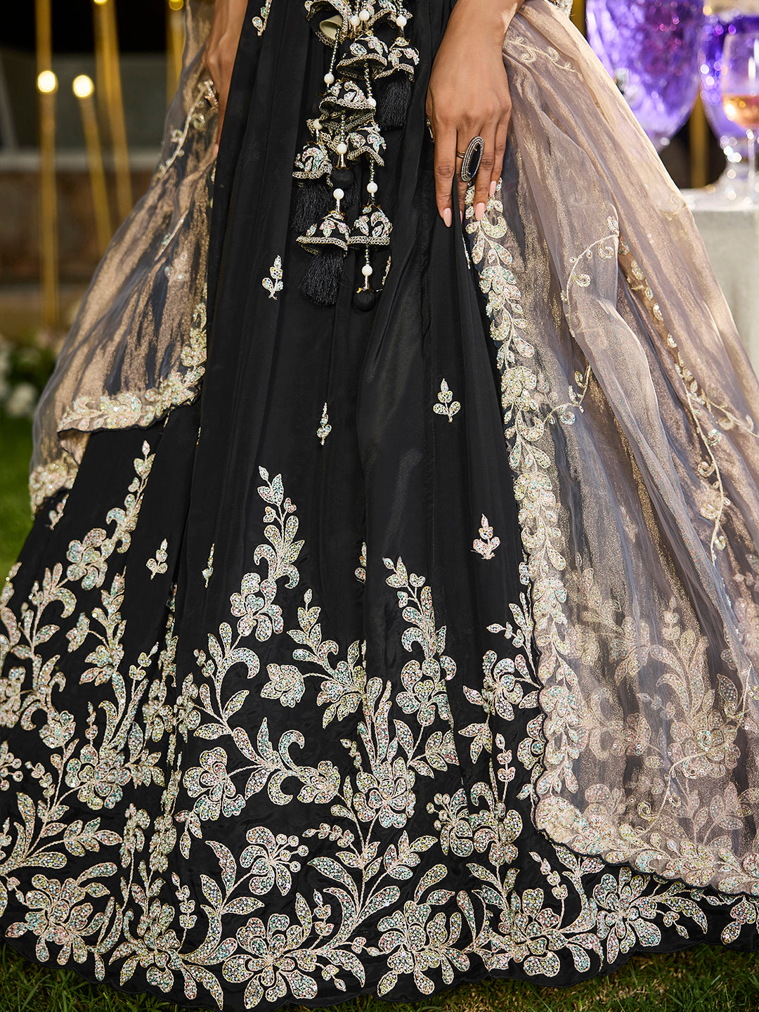 Black- Satin Silk Fabric Beads & Sequence Embroidered Ready to Wear crop top lehenga Choli & Dupatta