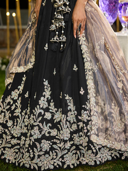 Black- Satin Silk Fabric Beads & Sequence Embroidered Ready to Wear crop top lehenga Choli & Dupatta