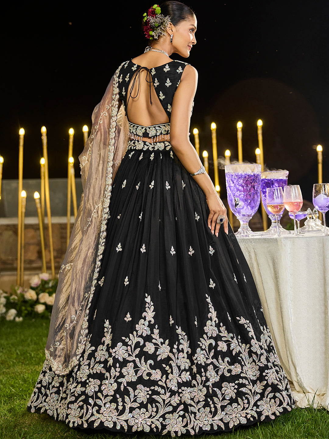 Black- Satin Silk Fabric Beads & Sequence Embroidered Ready to Wear crop top lehenga Choli & Dupatta