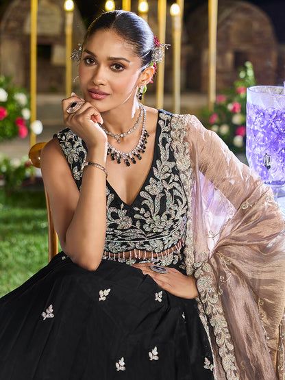 Black- Satin Silk Fabric Beads & Sequence Embroidered Ready to Wear crop top lehenga Choli & Dupatta