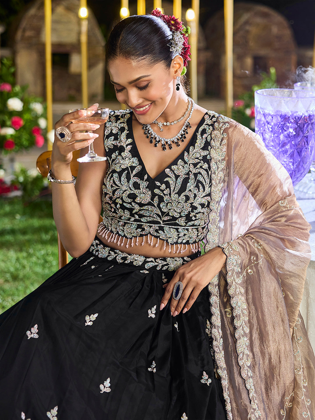 Black- Satin Silk Fabric Beads & Sequence Embroidered Ready to Wear crop top lehenga Choli & Dupatta