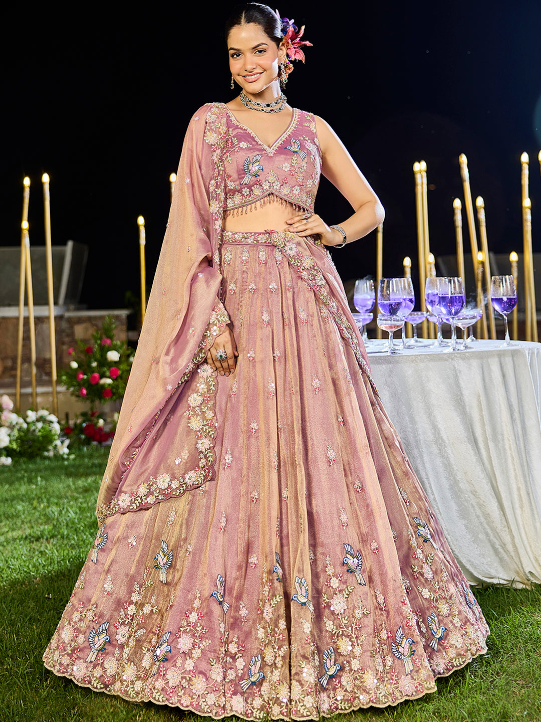 Lavender- Tissue Fabric Beads & Sequence Embroidered Ready to Wear crop top lehenga Choli & Dupatta