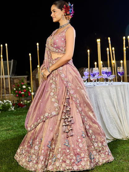 Lavender- Tissue Fabric Beads & Sequence Embroidered Ready to Wear crop top lehenga Choli & Dupatta