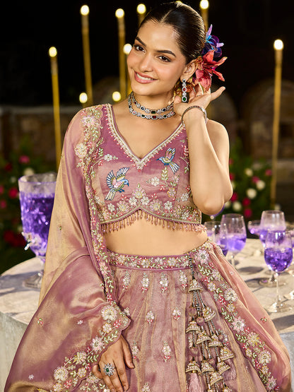 Lavender- Tissue Fabric Beads & Sequence Embroidered Ready to Wear crop top lehenga Choli & Dupatta