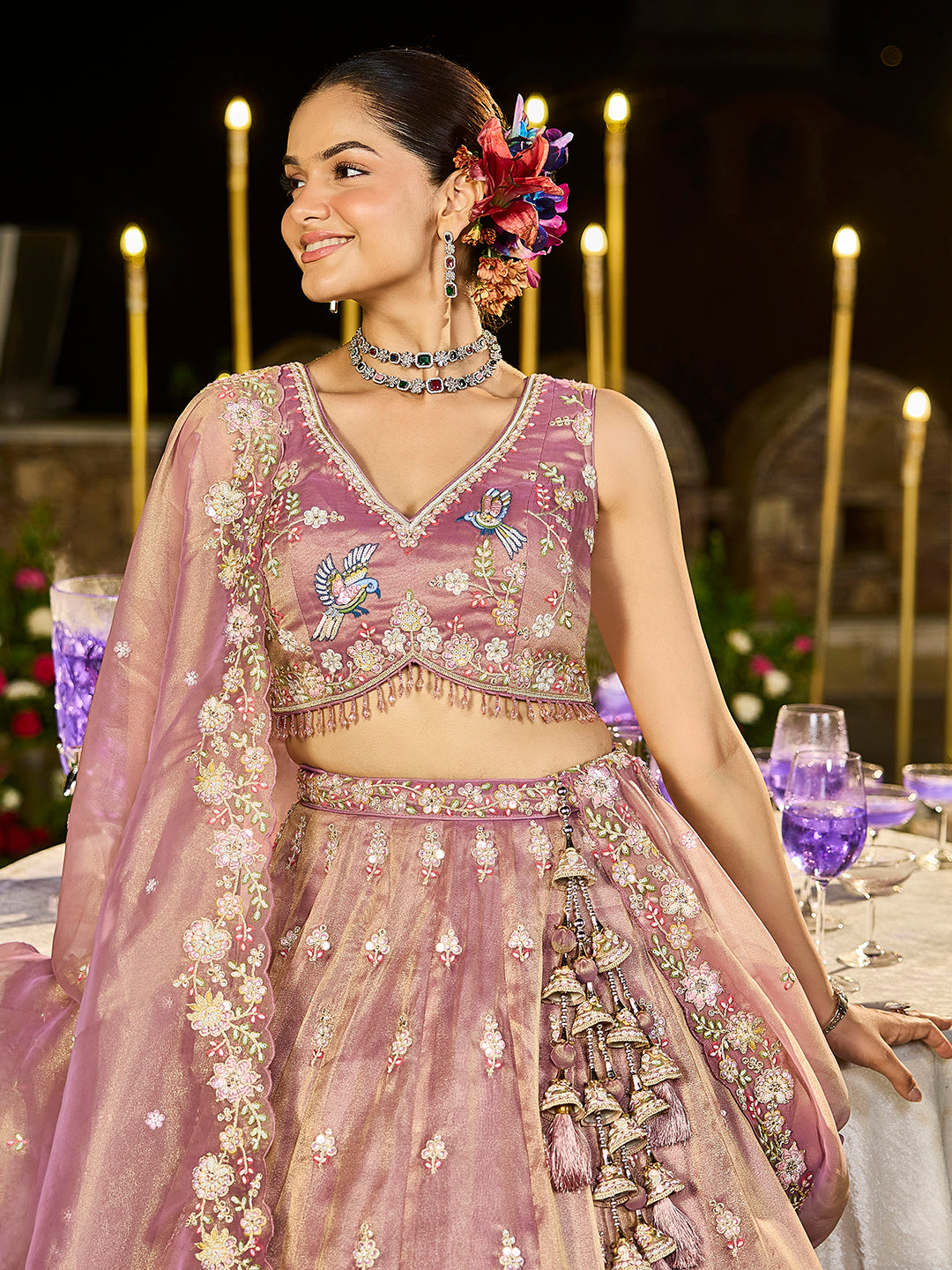 Lavender- Tissue Fabric Beads & Sequence Embroidered Ready to Wear crop top lehenga Choli & Dupatta