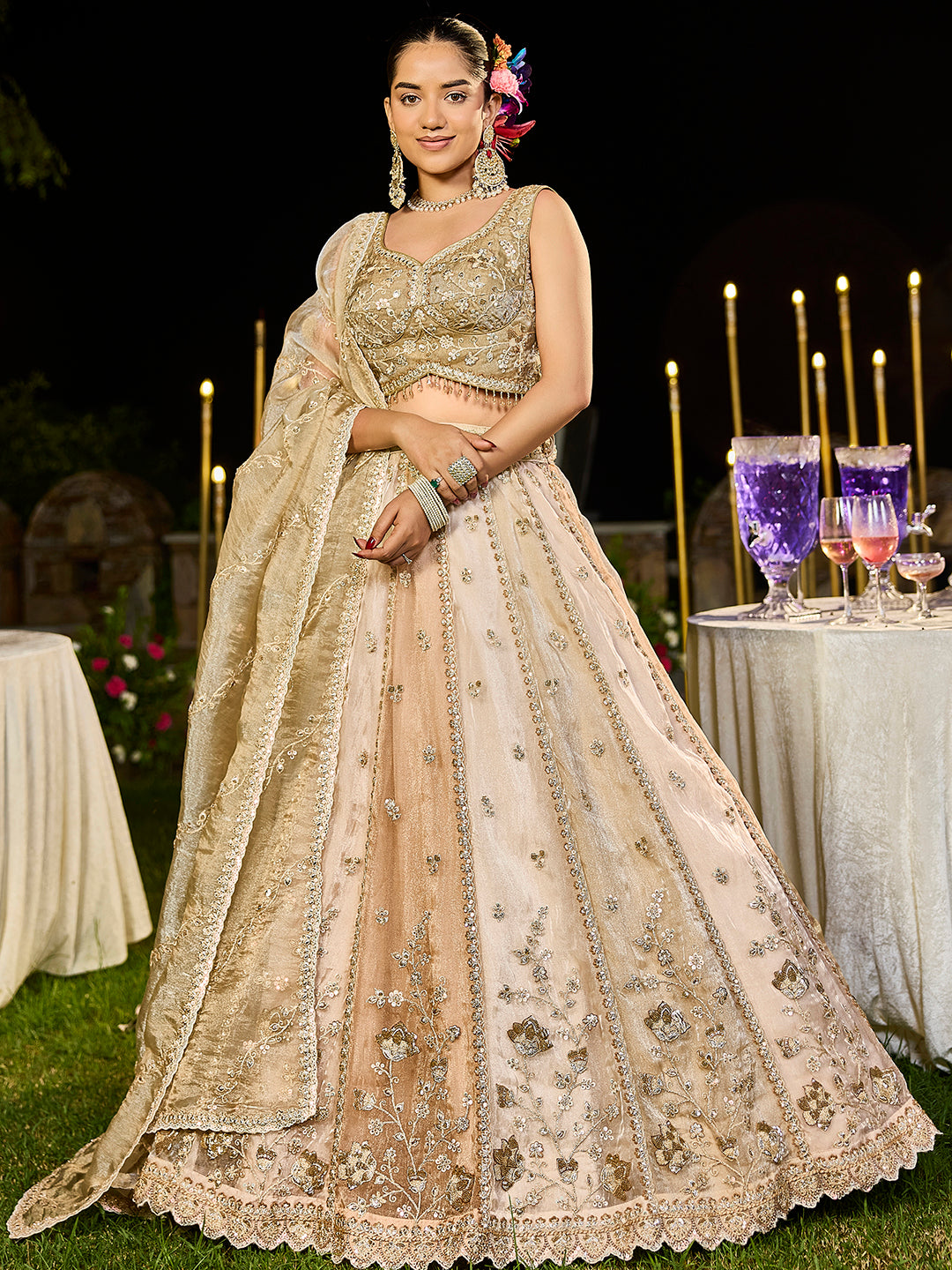 Beige Golden Multi- Satin Silk Fabric Sequence Embroidered Ready to Wear Lehenga Choli & Dupatta