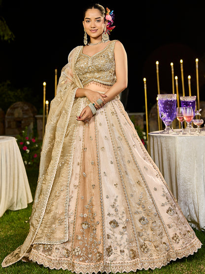 Beige Golden Multi- Satin Silk Fabric Sequence Embroidered Ready to Wear Lehenga Choli & Dupatta