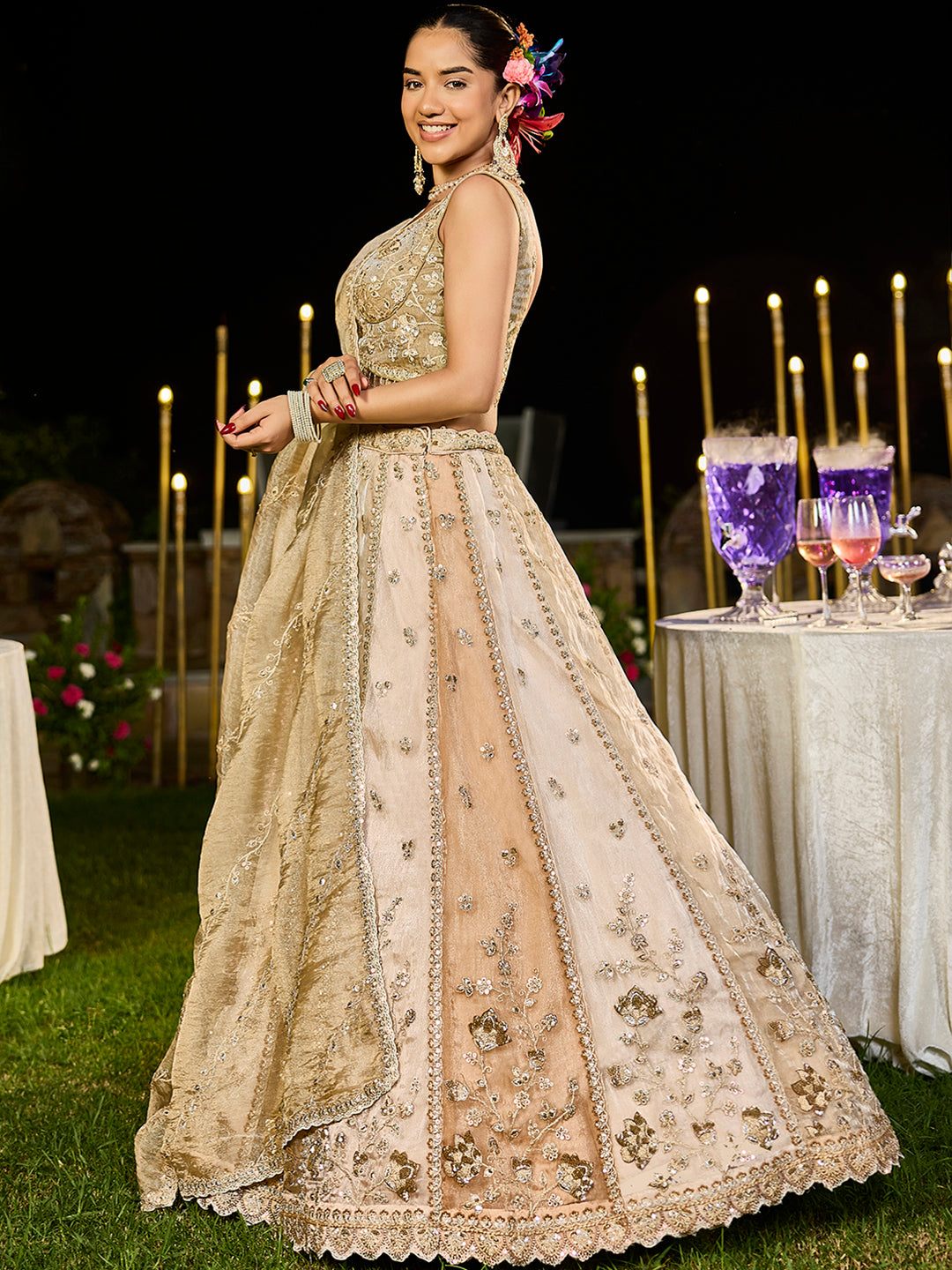 Beige Golden Multi- Satin Silk Fabric Sequence Embroidered Ready to Wear Lehenga Choli & Dupatta