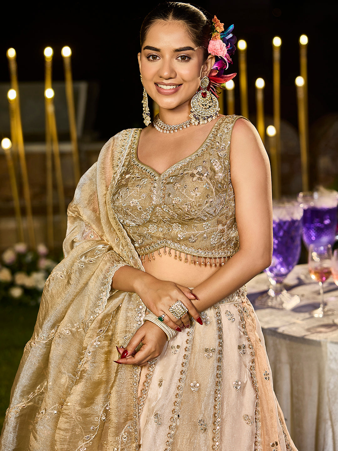 Beige Golden Multi- Satin Silk Fabric Sequence Embroidered Ready to Wear Lehenga Choli & Dupatta