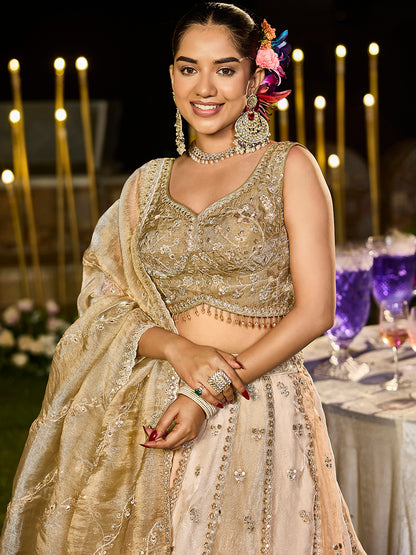 Beige Golden Multi- Satin Silk Fabric Sequence Embroidered Ready to Wear Lehenga Choli & Dupatta