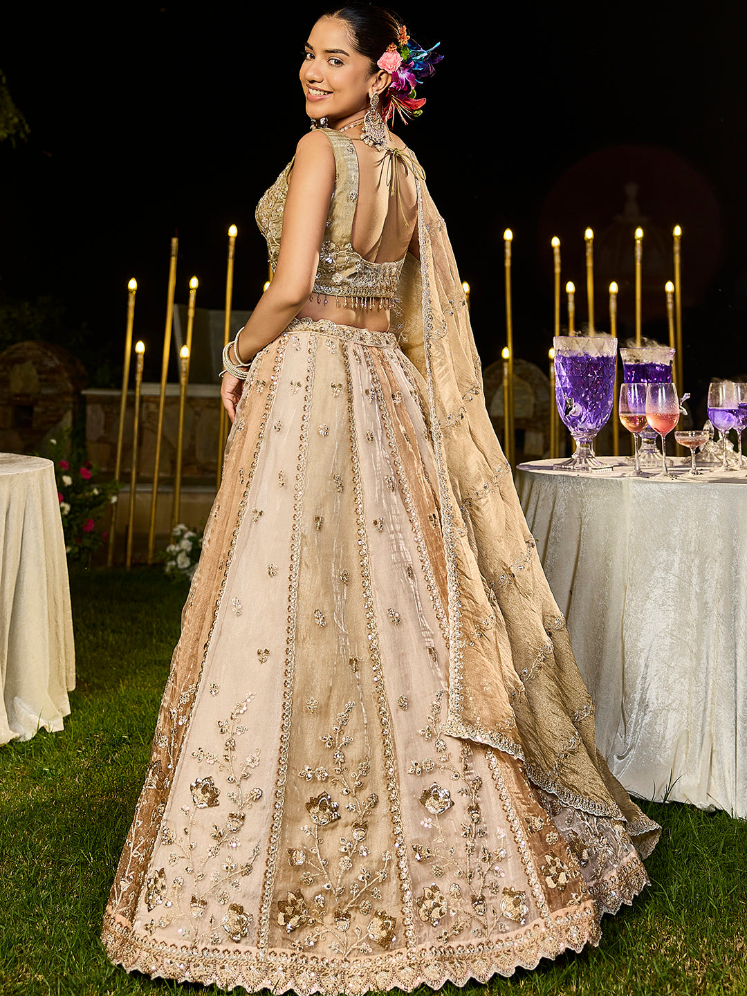 Beige Golden Multi- Satin Silk Fabric Sequence Embroidered Ready to Wear Lehenga Choli & Dupatta