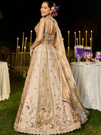 Beige Golden Multi- Satin Silk Fabric Sequence Embroidered Ready to Wear Lehenga Choli & Dupatta