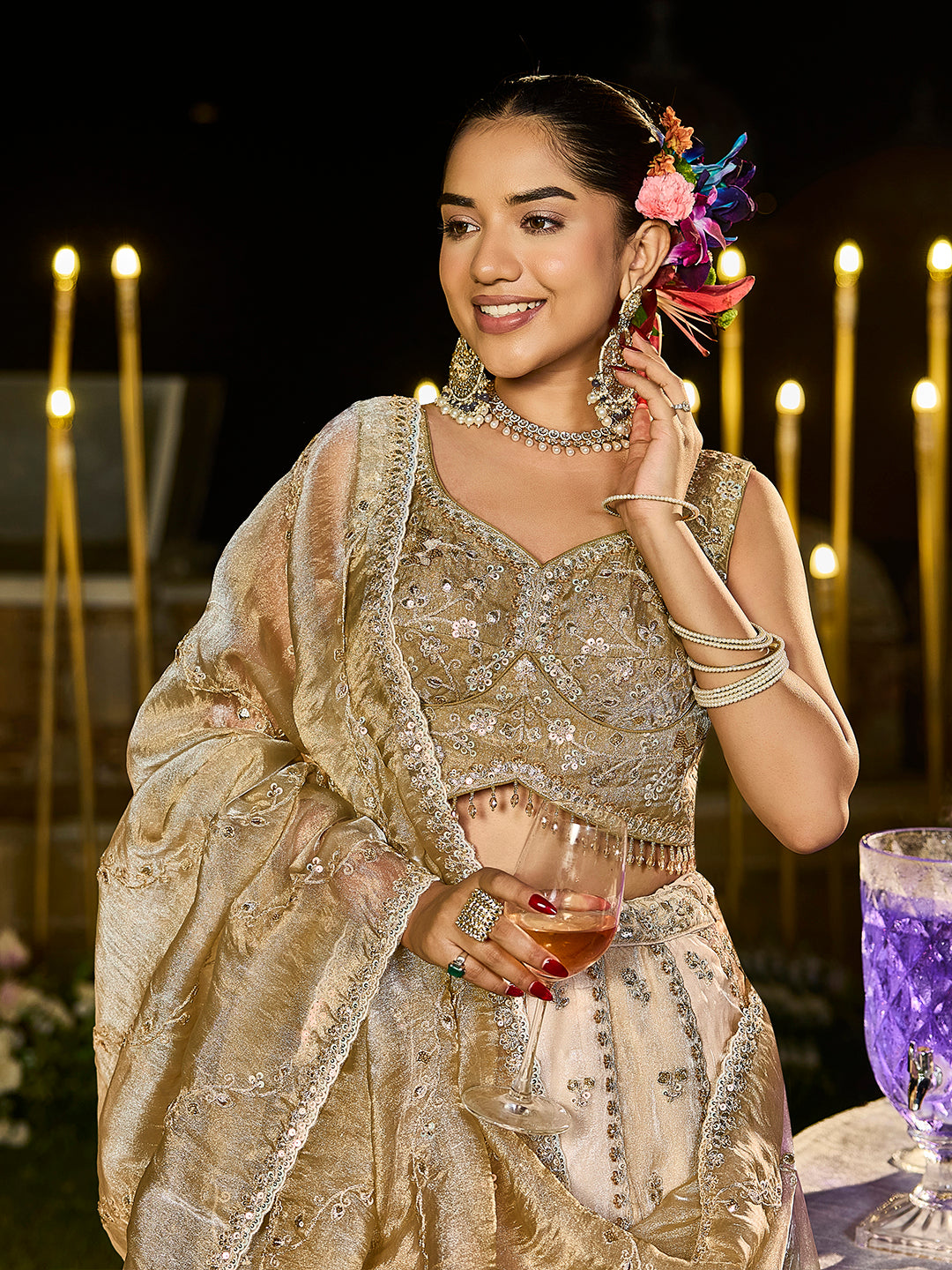 Beige Golden Multi- Satin Silk Fabric Sequence Embroidered Ready to Wear Lehenga Choli & Dupatta