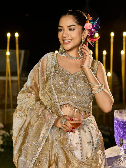 Beige Golden Multi- Satin Silk Fabric Sequence Embroidered Ready to Wear Lehenga Choli & Dupatta
