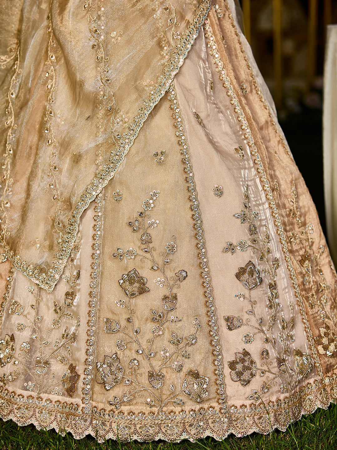 Beige Golden Multi- Satin Silk Fabric Sequence Embroidered Ready to Wear Lehenga Choli & Dupatta