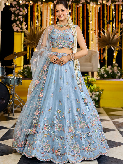 Sky blue - Satin Silk Fabric Sequins Embroidered Ready to Wear Crop top lehenga Choli & Dupatta
