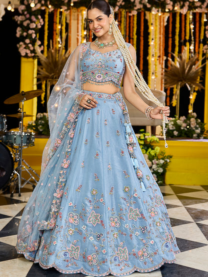 Sky blue - Satin Silk Fabric Sequins Embroidered Ready to Wear Crop top lehenga Choli & Dupatta