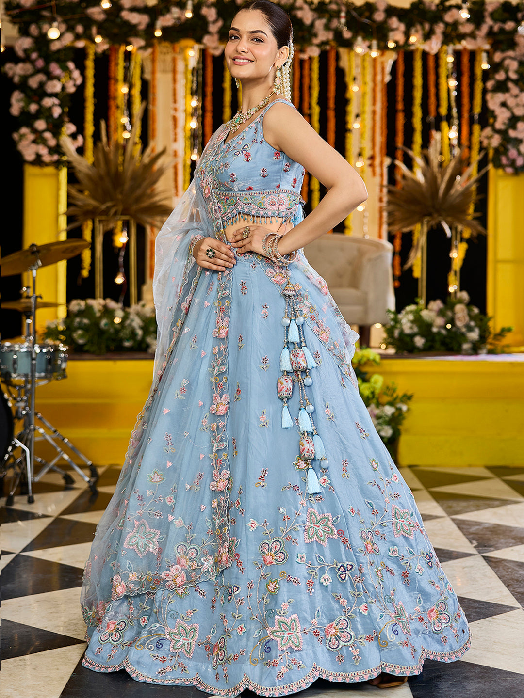 Sky blue - Satin Silk Fabric Sequins Embroidered Ready to Wear Crop top lehenga Choli & Dupatta