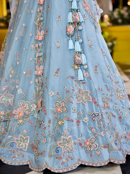 Sky blue - Satin Silk Fabric Sequins Embroidered Ready to Wear Crop top lehenga Choli & Dupatta