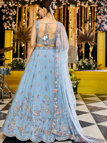Sky blue - Satin Silk Fabric Sequins Embroidered Ready to Wear Crop top lehenga Choli & Dupatta