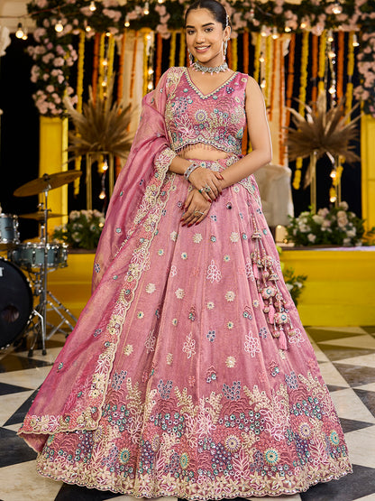 Pink- Satin Silk Fabric Sequins Embroidered Ready to Wear Crop top Lehenga Choli & Dupatta