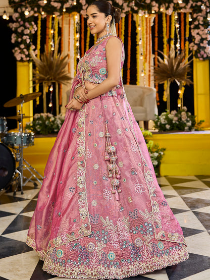 Pink- Satin Silk Fabric Sequins Embroidered Ready to Wear Crop top Lehenga Choli & Dupatta