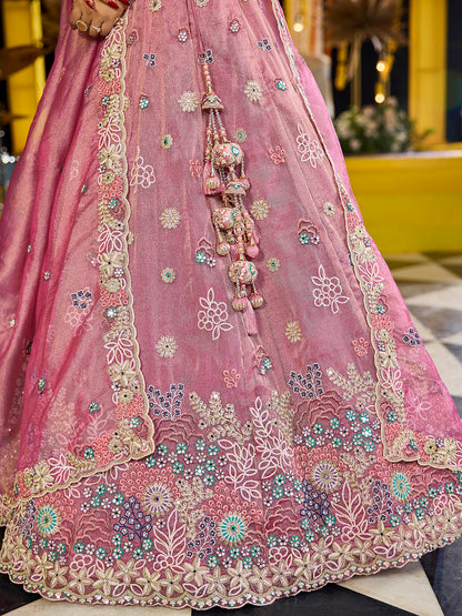 Pink- Satin Silk Fabric Sequins Embroidered Ready to Wear Crop top Lehenga Choli & Dupatta