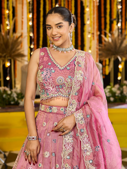 Pink- Satin Silk Fabric Sequins Embroidered Ready to Wear Crop top Lehenga Choli & Dupatta